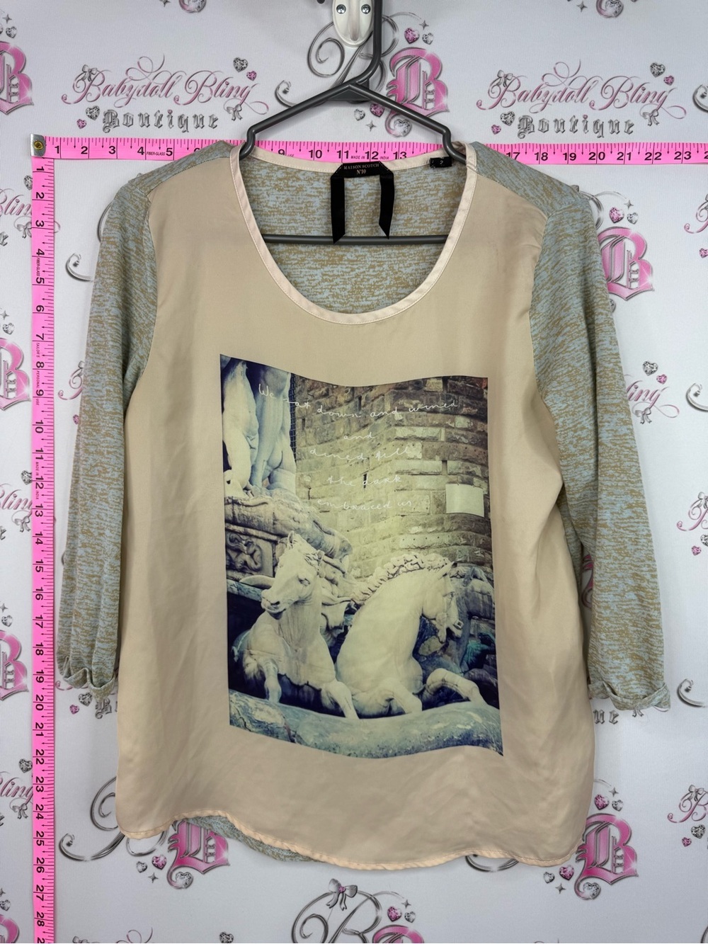 Maison scotch shirt beige front-print long-sleeve top with gray sleeves